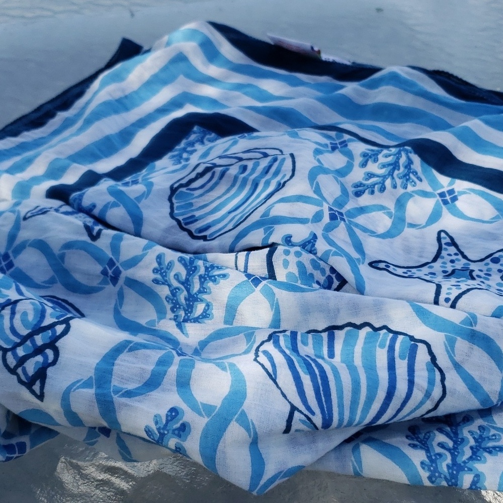 Gretchen Scott Sarong/Scarf/Beach Cover-up Shell Print Blue & White Oversized